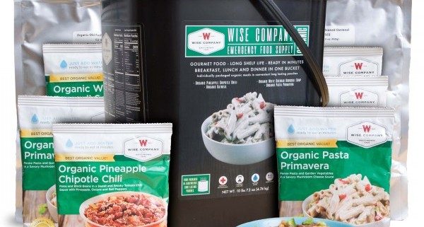 One big bucket of organic food with the packages Outside of the bucket. And a bowl of food.