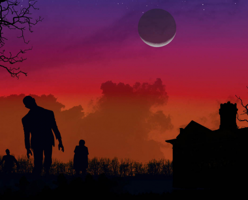 zombies in a graphic walking under the moon at nigh