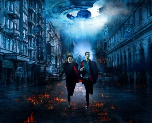 running for life in emergency Man and woman running holding hands in a full blown Armageddon emergency with the spaceship above them in the streets on fire.