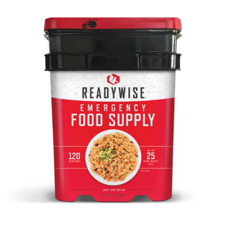 120 Serving Entree Only 1 USING NOW wise food bucket, storage. Emergency food supply bucket in Readywise white, red and black. With a picture of food on the front of the hundred and twenty servings.