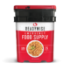 USING NOW wise food bucket, storage. Emergency food supply bucket in Readywise white, red and black. With a picture of food on the front of the hundred and twenty servings.