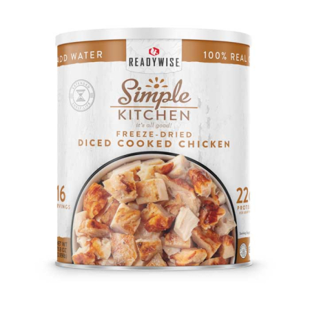 No. ten can Diced Cook Chicken, #10 can with the chicken picture Of diced chicken on the simple kitchen label.