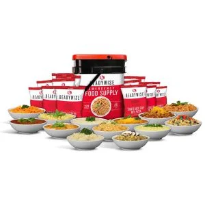 Entree bucket with food Readywise Food Storage One bucket with all the packages outside of the bucket, with all of the bowls of dehydrated, delicious food.