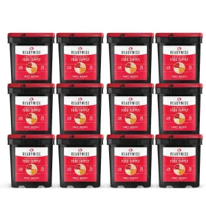 1440 servings of dehydrated wise survival food- It's of dehydrated food stacked on top of each other.