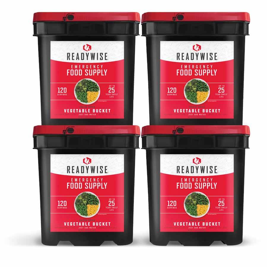 stacks of survival food buckets that are gluten free and organic