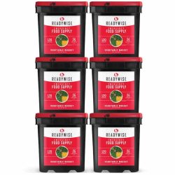 readywise vegetable's six buckets Stacked side by side of long term storage dehydrated food system.