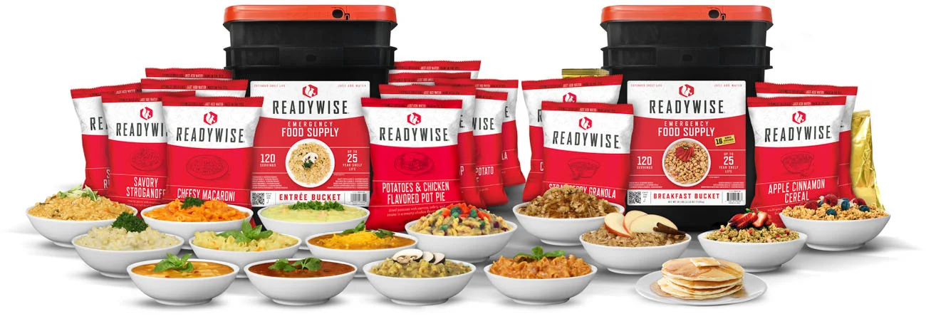 Long term food storage buckets with bowls of food for survival
