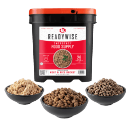 ReadyWise Meat Bucket with three bowls of dehydrated survival food meat.