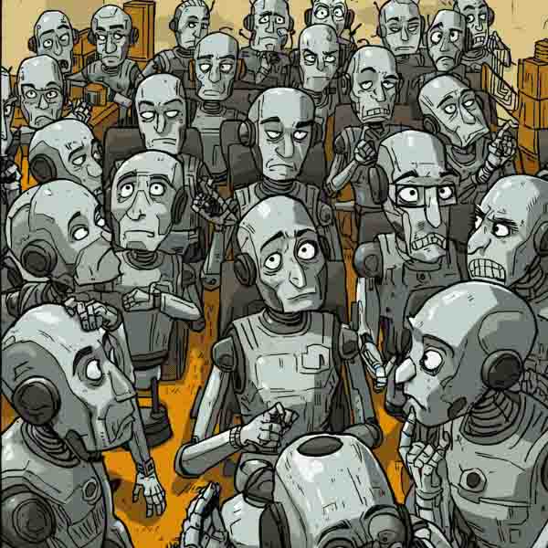 A whole bunch of robots looking confused.